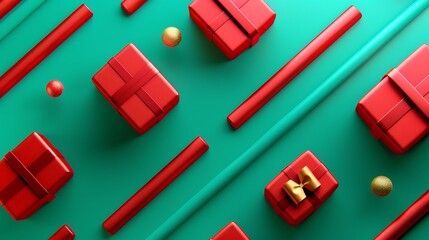 3D Vibrant Red Gift Boxes on Teal Background. Christmas Theme.