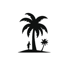 A silhouette of a palm tree with two small figures standing underneath it