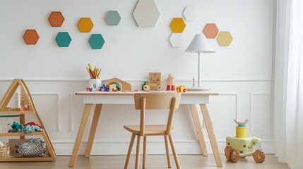 A wooden desk with a chair and toys in a white room with geometric wall decor.