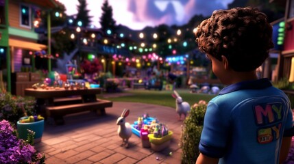 Naklejka premium A young boy stands in a brightly lit town square at dusk, looking at a table full of toys and two white rabbits.