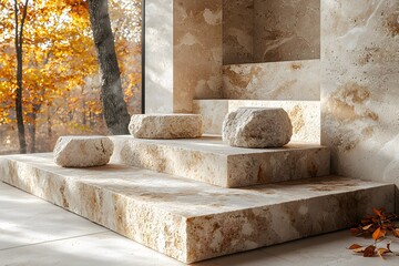 Elegant stone terrace with autumn views and natural light