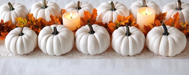 Thanksgiving Pumpkin Arrangement Concept for Autumn Decor. A decorative arrangement of white pumpkins and candles surrounded by autumn leaves creating a cozy fall ambiance