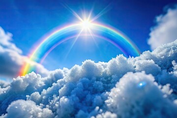 Snow rainbow created with ice crystals in the blue sky with some clouds close-up