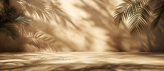 Empty brown and beige studio space featuring leaf shadows suitable for product presentations Background with a tropical flair 3D rendering