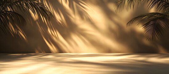 Empty brown and beige studio space featuring leaf shadows suitable for product presentations Background with a tropical flair 3D rendering