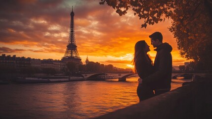 Romantic sunset by the Eiffel Tower with a couple in love in Paris, kissing by the river. A beautiful moment captured in time.