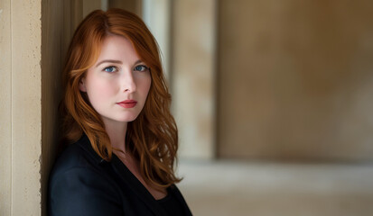 Fototapeta premium Confident Businesswoman with Auburn Hair in Modern Corporate Setting, Professional Portrait