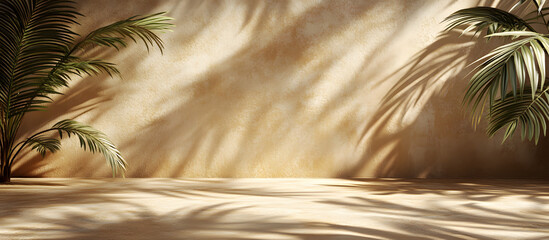 Empty brown and beige studio space featuring leaf shadows suitable for product presentations Background with a tropical flair 3D rendering