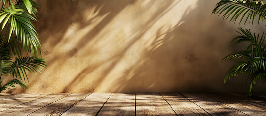 Empty brown and beige studio space featuring leaf shadows suitable for product presentations Background with a tropical flair 3D rendering