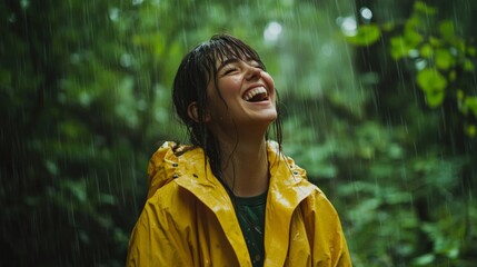 Joyful woman in yellow raincoat enjoying the rain among lush green trees. Nature brings happiness and freedom.