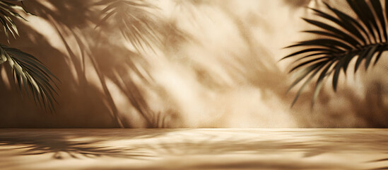 Empty brown and beige studio space featuring leaf shadows suitable for product presentations Background with a tropical flair 3D rendering