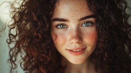 Naklejka premium Beautiful young woman with curly hair and bright blue eyes smiles softly in a bright, natural light setting. A moment of pure joy captured.