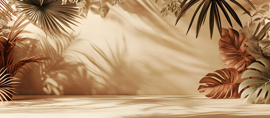 Empty brown and beige studio space featuring leaf shadows suitable for product presentations Background with a tropical flair 3D rendering