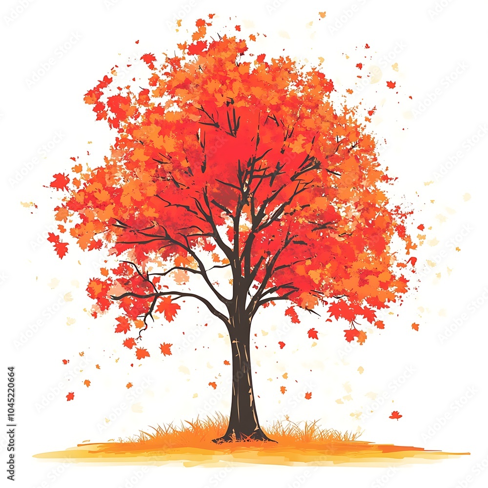 Poster A single autumn tree with red and orange leaves in a white background with some leaves falling.