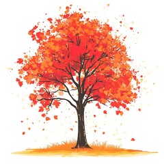 A single autumn tree with red and orange leaves in a white background with some leaves falling.