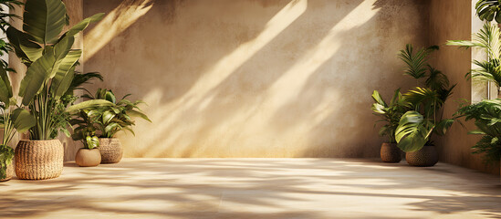 Empty brown and beige studio space featuring leaf shadows suitable for product presentations Background with a tropical flair 3D rendering