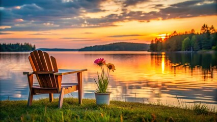 Flower and chair by lake at dusk with leading lines
