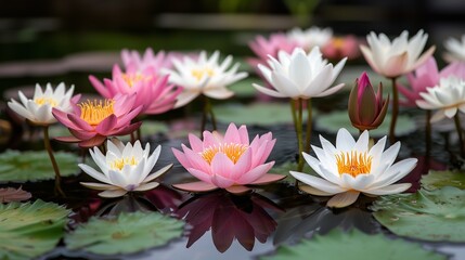 Colorful Water Lilies on Calm Water Surface