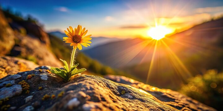 Flower on rock with sun shining