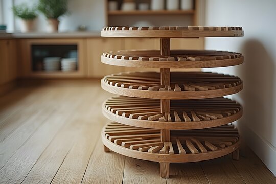 Modern wooden rotating rack in minimalist kitchen interior design