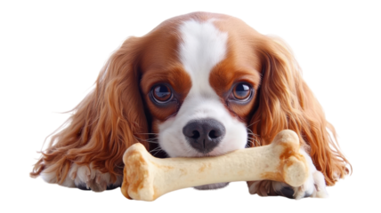 A playful spaniel puppy lying on the floor holding a chew bone in its mouth, showcasing its expressive eyes in bright lighting.