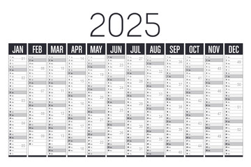 Year 2025 black and white horizontal wall calendar, English language, vector template