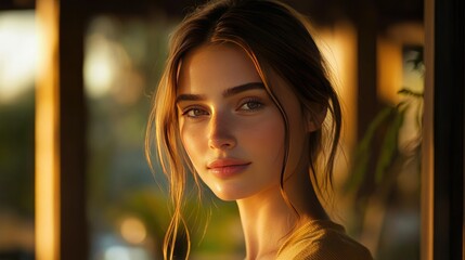 Obraz premium A woman with glowing skin and natural makeup standing on a balcony, the sunset light gently reflecting off her radiant complexion. 