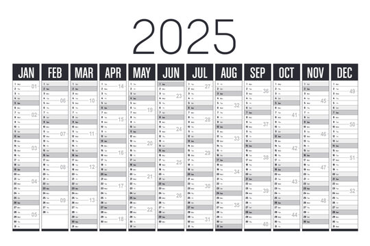 Year 2025 black and white horizontal wall calendar, English language, vector template