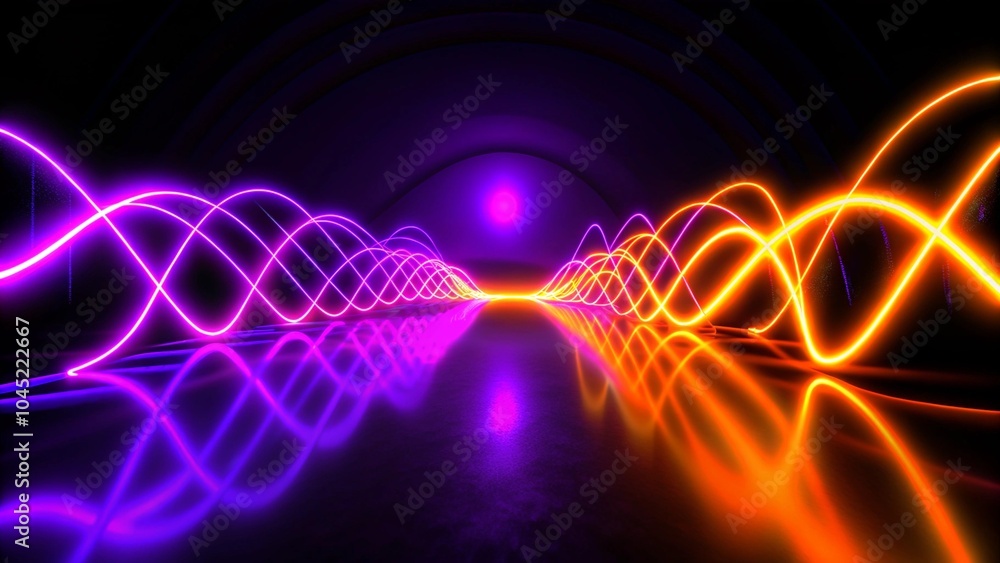 Poster sci fy neon glowing wave lines in a dark hall. reflections on the floor. 3d rendering. abstract glow
