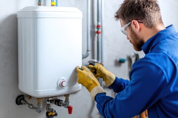 A skilled technician installs a modern water heater, showcasing precision and expertise in home maintenance and plumbing services.