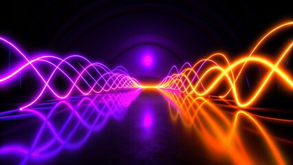 Sci Fy neon glowing wave lines in a dark hall. Reflections on the floor. 3d rendering. Abstract glowing lines. Technology futuristic background.