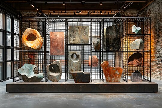 Contemporary sculpture exhibition with abstract stone art in industrial space