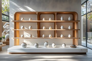 Minimalist pottery display on wooden shelves in sunlit modern gallery space