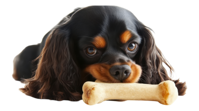A cute dog rests while holding a bone in its mouth indoors, showcasing its playful and affectionate nature during playtime.