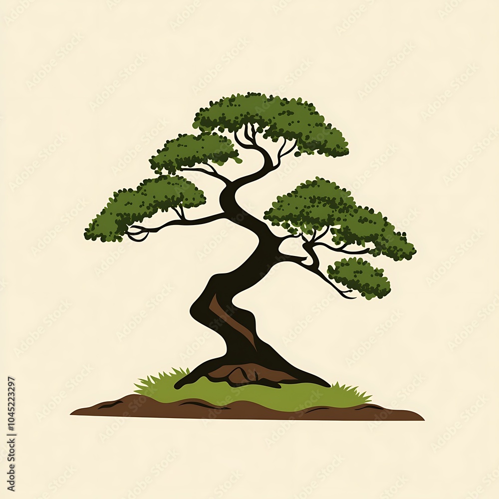 Aufkleber a stylized illustration of a bonsai tree with a thick trunk and branches, set against a beige backgr