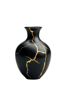 ultra-detailed, professional studio photograph of a black ceramic vase repaired using the Japanese kintsugi technique studio shot on transparent background