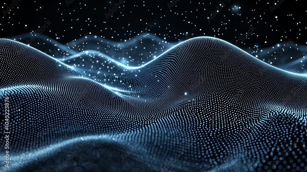 Poster captivating futuristic landscape of glowing particle waves and flowing digital networks