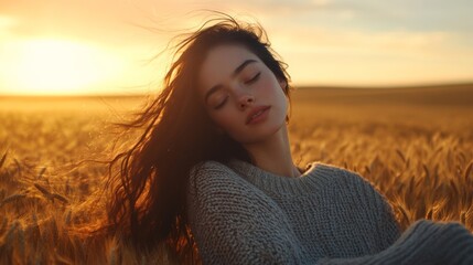 Fototapeta premium A Young Woman Enjoying the Sunset in a Wheat Field with Windswept Hair and a Peaceful Expression