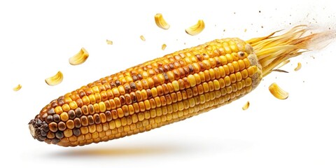 Flying grilled corn isolated on white background with clipping path