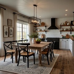 A farmhouse style dining room with a rustic wooden table, black chairs, a patterned rug, and a white brick wall.