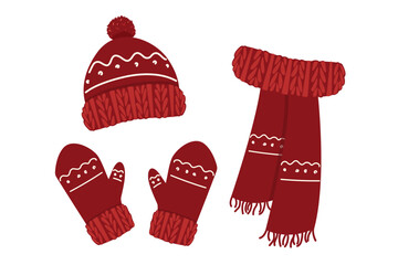 A collection of knitted warm winter clothes. Winter hat, scarf, mittens. Autumn and winter accessories. Vector illustration.