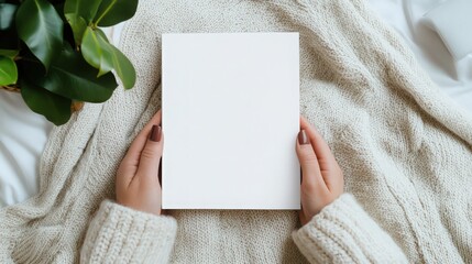 Woman's hands open empty catalog, magazines, book mockup