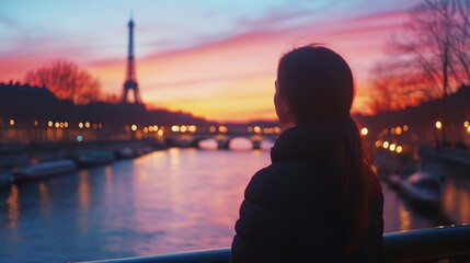 A serene evening by the Seine River with the Eiffel Tower at sunset. Relax and enjoy this beautiful Paris scene.