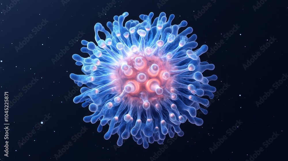 Poster a vibrant, abstract representation of a virus with a glowing core and intricate tentacle-like projec