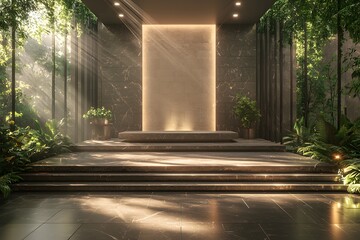Tranquil modern interior with sunlit marble steps and lush greenery