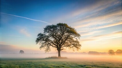Fototapeta premium Foggy morning landscape with tree reflected in water