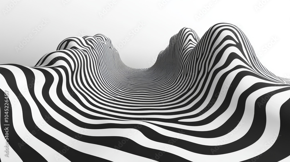 Poster abstract landscape with wavy black and white stripes creating a mesmerizing visual effect.