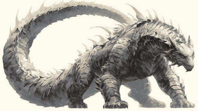 A formidable dragon-like creature with spiky scales and a long tail, dominating the fantasy landscape.