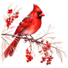 Red northern cardinal bird sitting on a snowy tree branch with red berries. Watercolor illustration