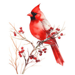 Red northern cardinal bird sitting on a snowy tree branch with red berries. Watercolor illustration